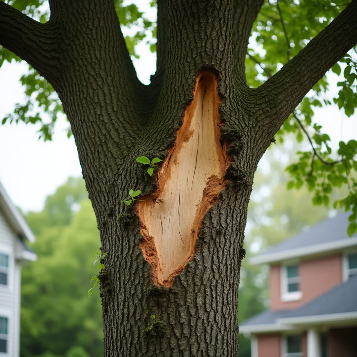 Bradford pear tree with severe split trunk after moderate thunderstorm winds