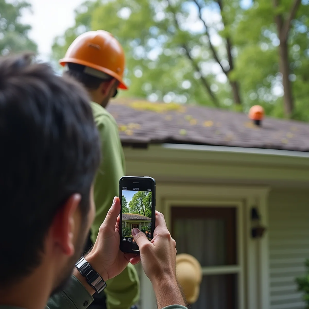 Homeowner photographing tree branch resting on privacy fence for insurance claim