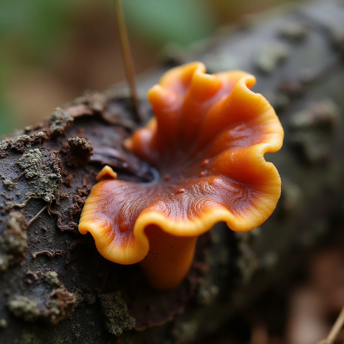 Cluster of honey mushrooms growing from decaying tree root in red clay soil