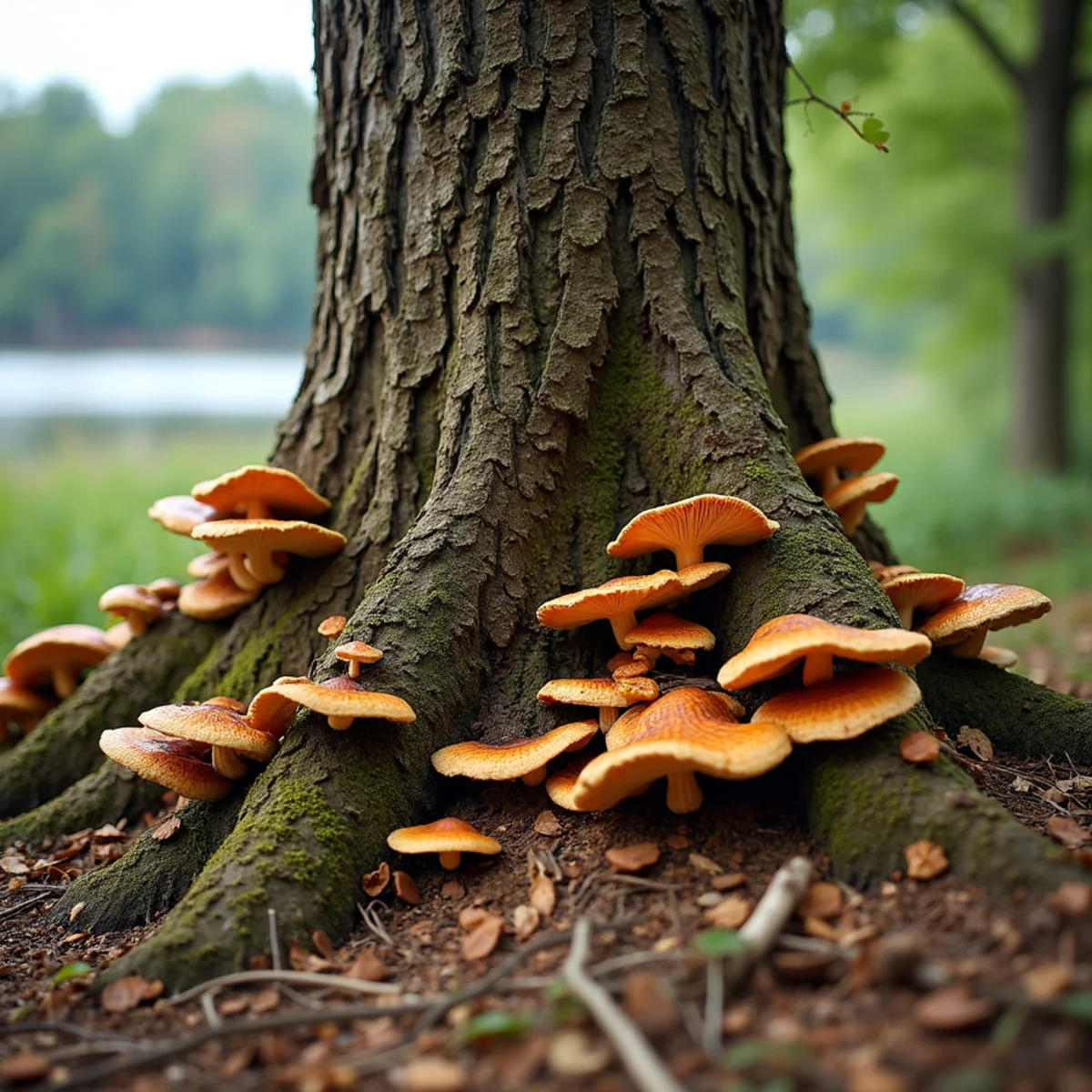 Honey mushroom fruiting bodies and fungal conks at base of mature oak trunk