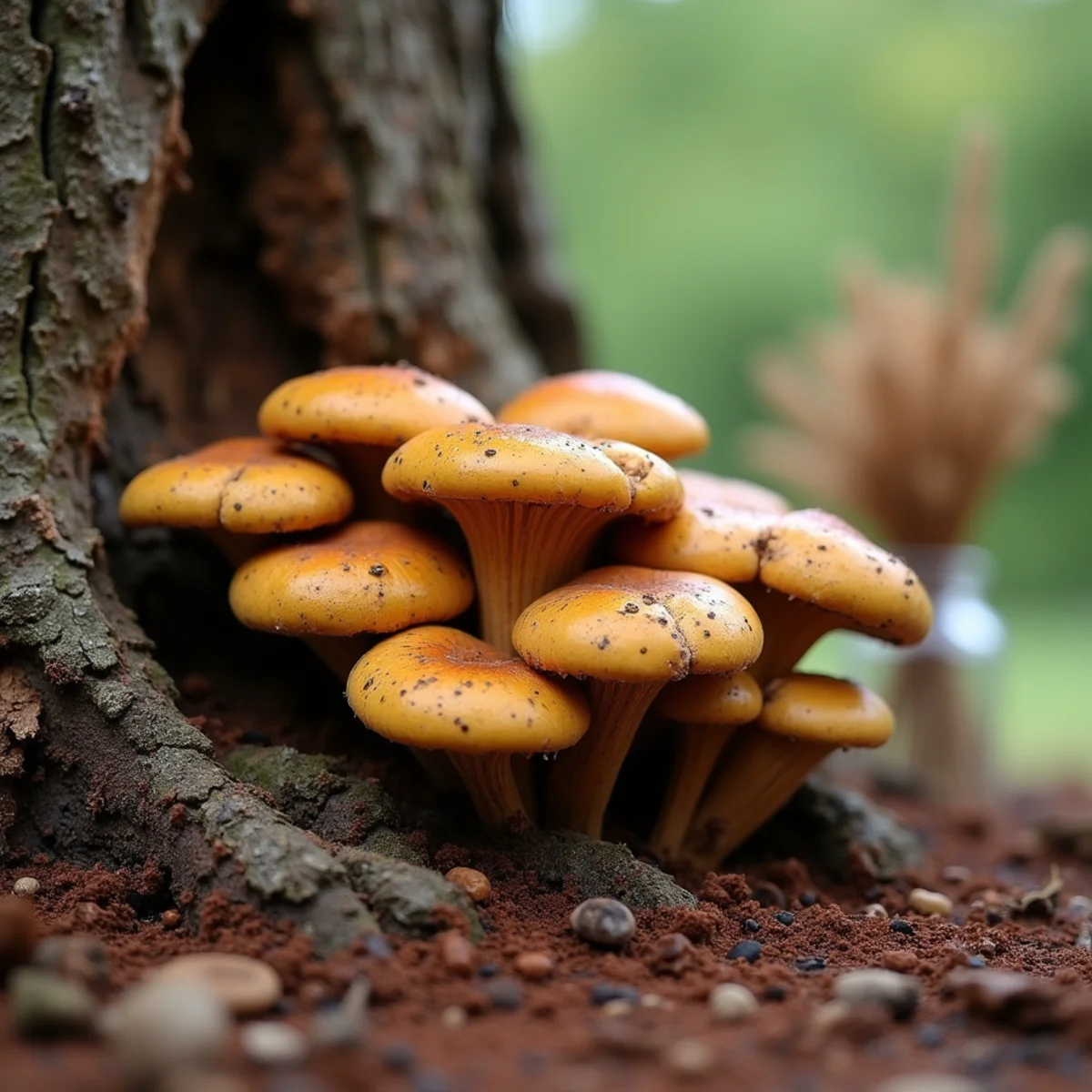 Shelf bracket fungi and mushrooms sprouting from base of mature oak root flare