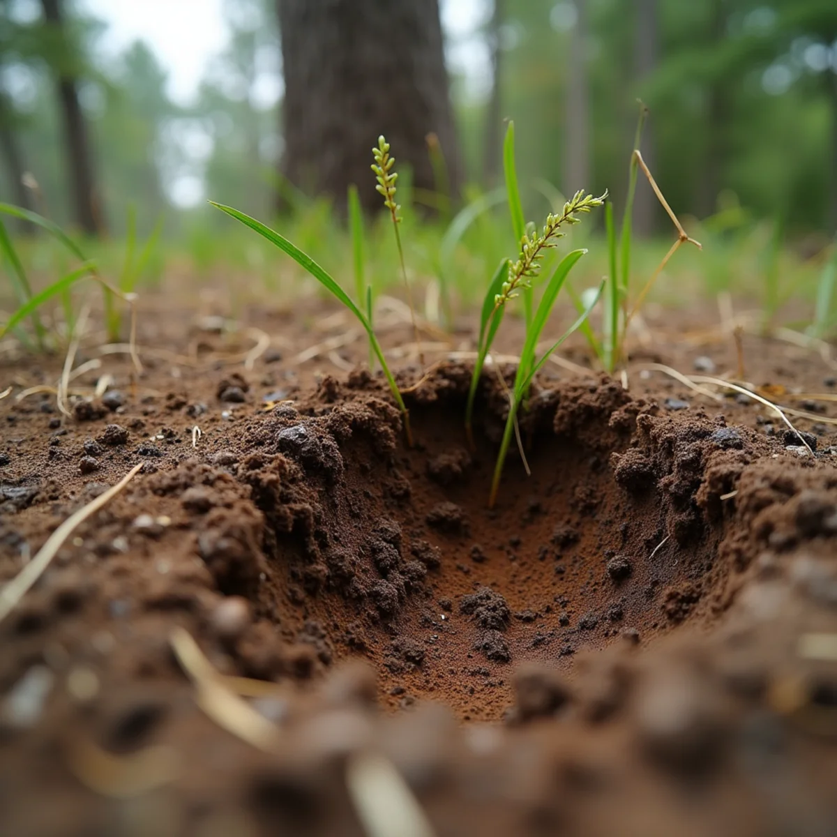 Cracked saturated red clay soil showing fresh root plate heave behind leaning pine