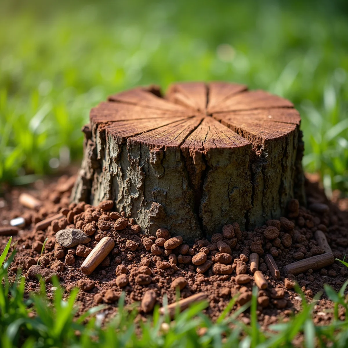 Comparison of clean stump grinder mulch bed vs deep excavator root ball crater