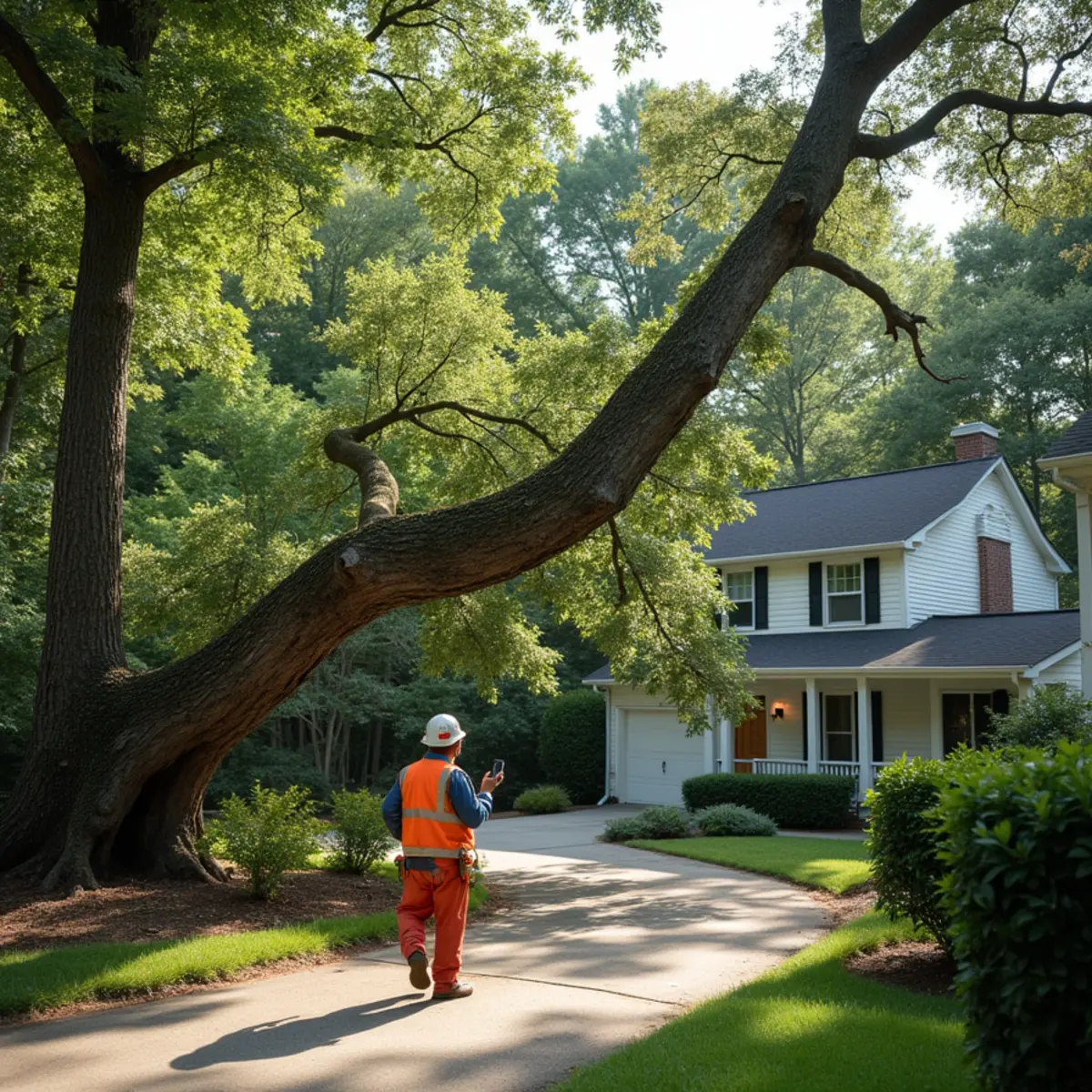 Large tree branch resting on suburban roof after high wind storm in Lake Norman