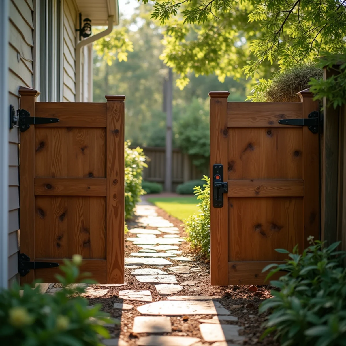 Narrow 36-inch residential garden gate and steep lake cove backyard slope