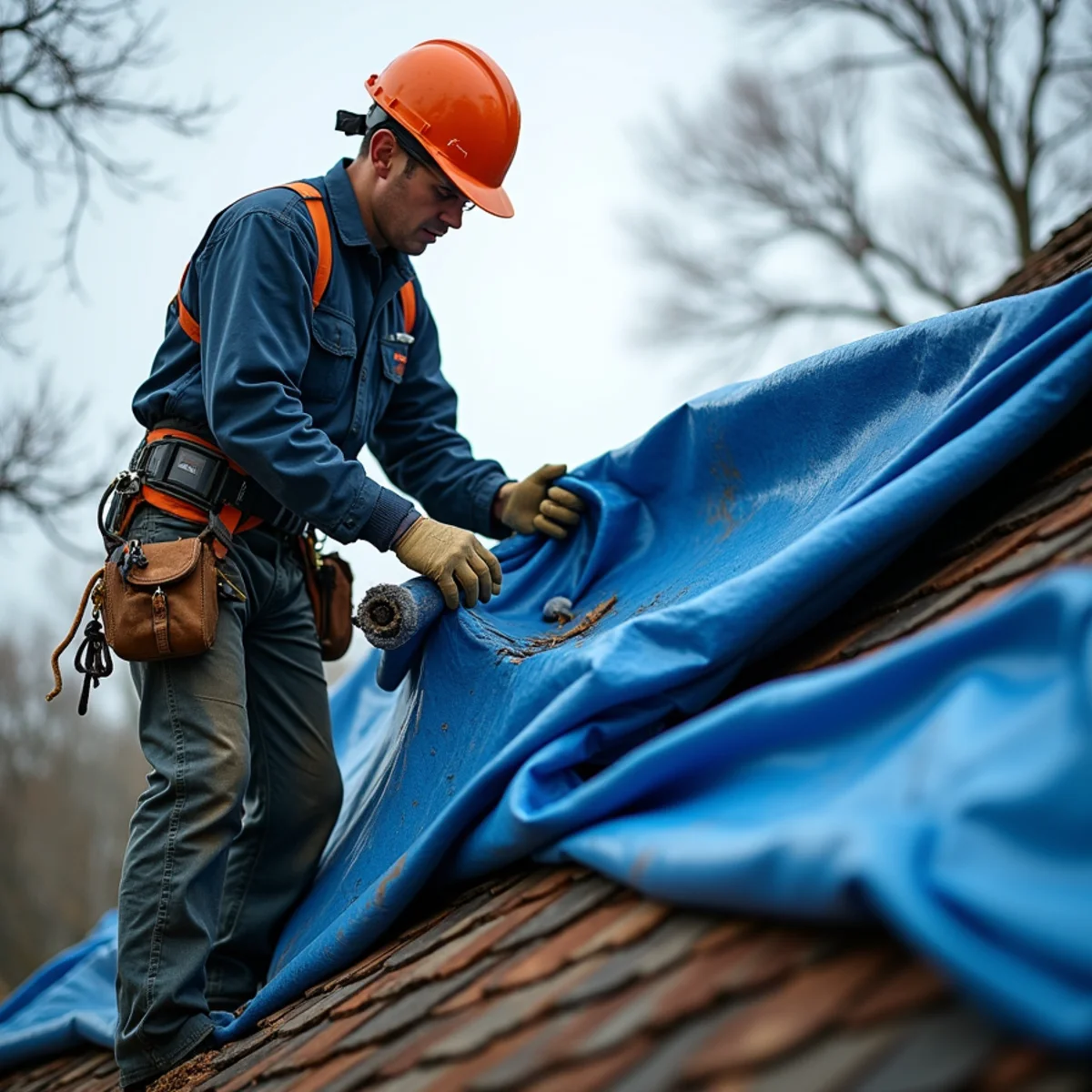 Heavy-duty waterproof tarp installed over storm-damaged residential roof rafters