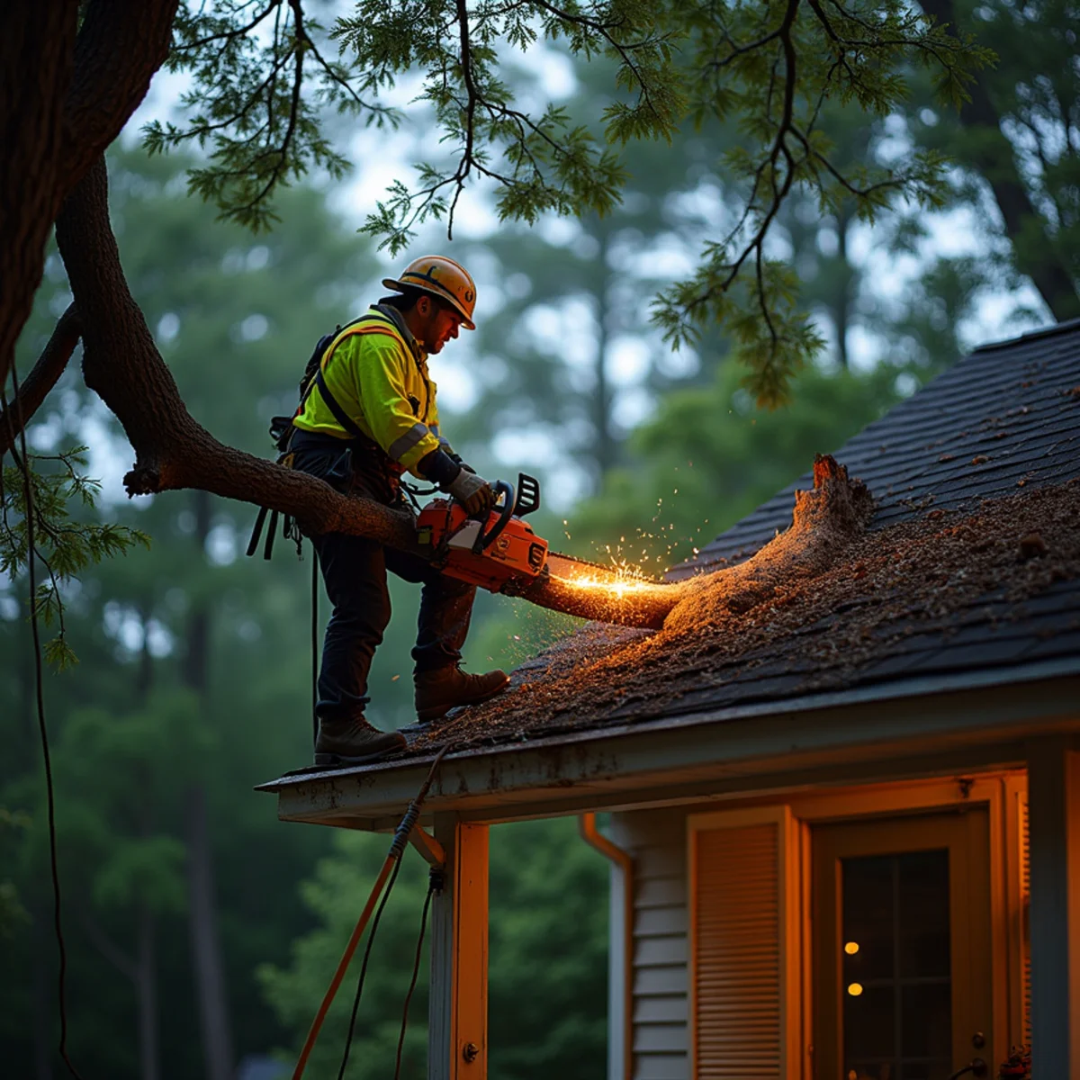 24/7 emergency tree removal crew clearing storm-damaged oak fallen on residential driveway in Mooresville