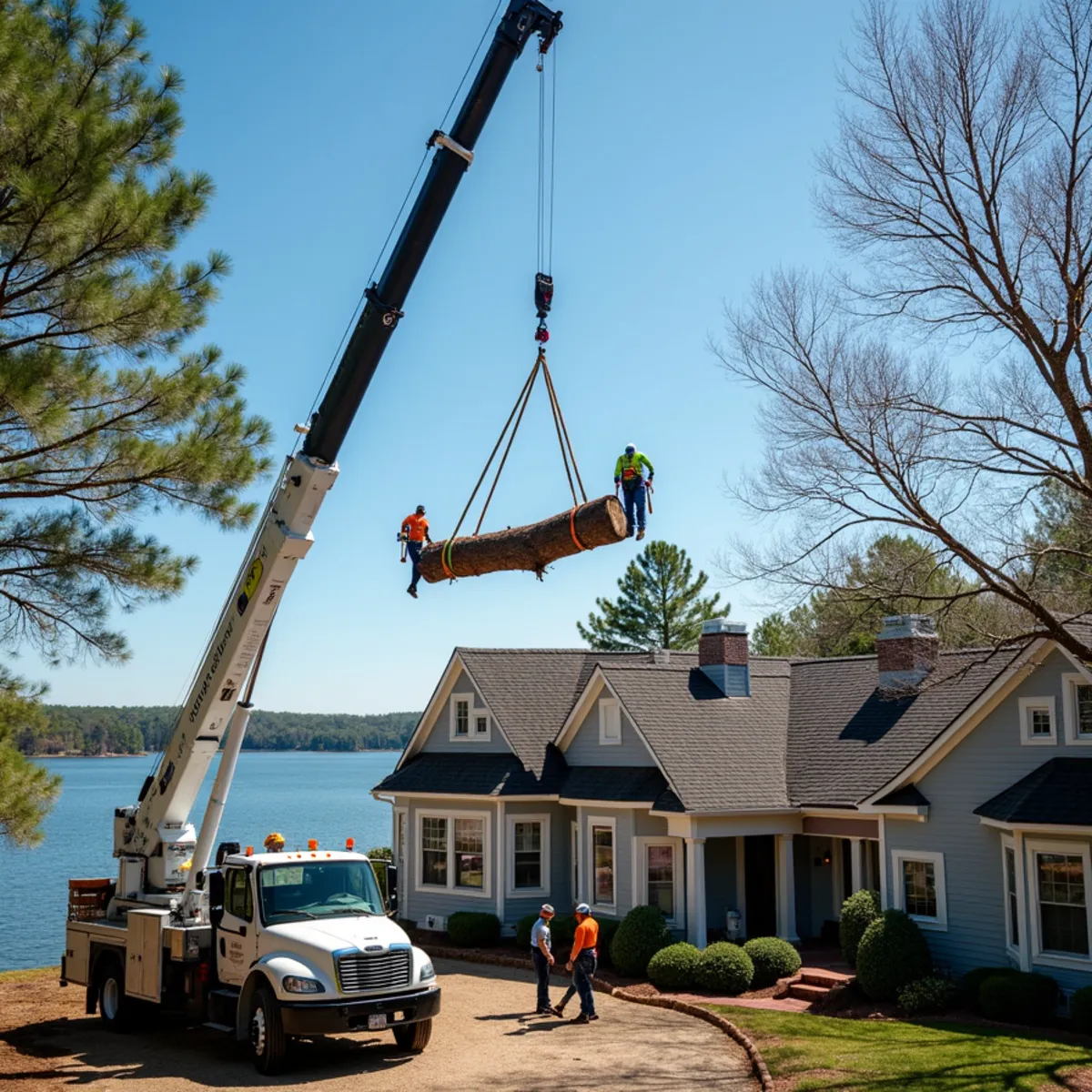 Controlled crane tree removal over a Lake Norman home roofline