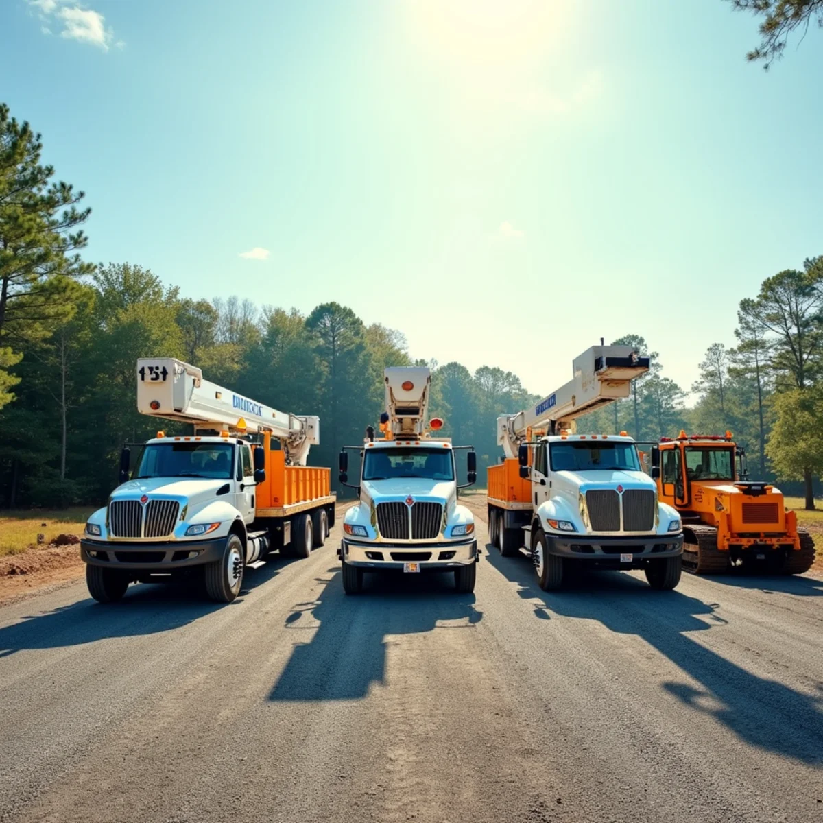 Race City Tree Crew heavy duty bucket trucks, wood chippers, and stump grinders ready for dispatch in Mooresville NC