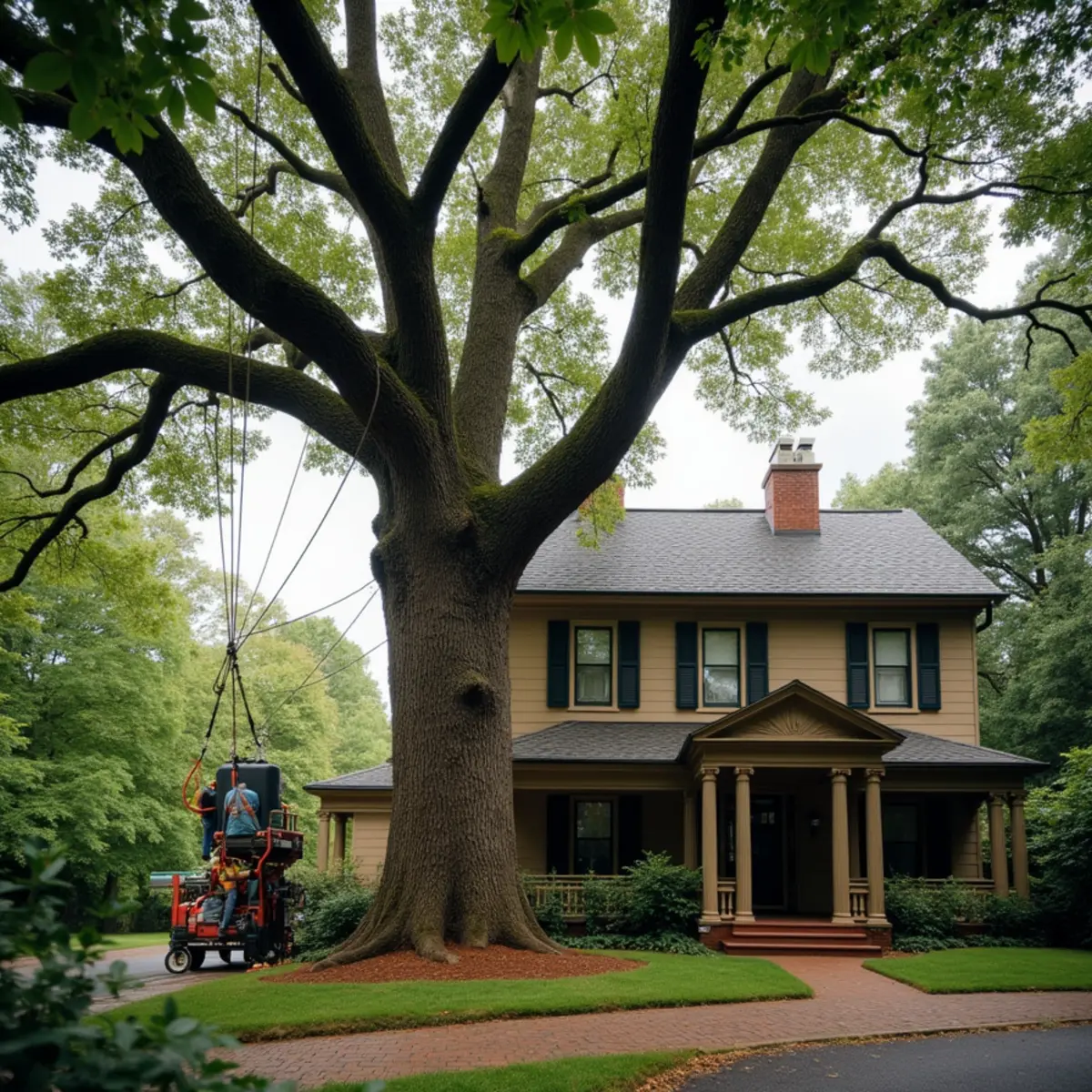 Bucket truck deadwood removal on mature oak in Academy Hill Historic District Statesville NC