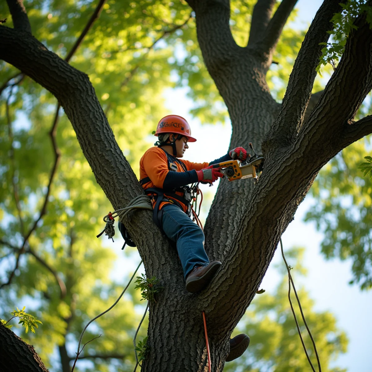 Certified tree trimmer pruning upper canopy branches away from a Mooresville NC home roofline